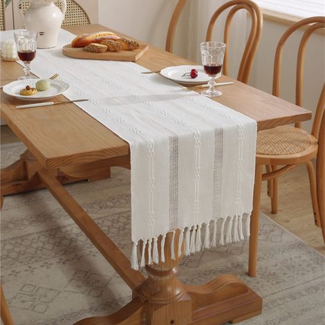 Runner da tavolo color crema e beige, stile boho con nappe, per cena, festa, festa, sala da pranzo, cassettiera, 38 x 183 cm, beige