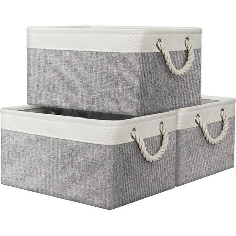 Lot de 3 Boîtes de Rangement Pliables, 40x30x21 cm, Grand Panier de Rangement avec Cordon de Serrage et Deux Poignées, Organisateur de Maison Vêtements, Produits de Bureau, Blanc/Gris. (1/5)