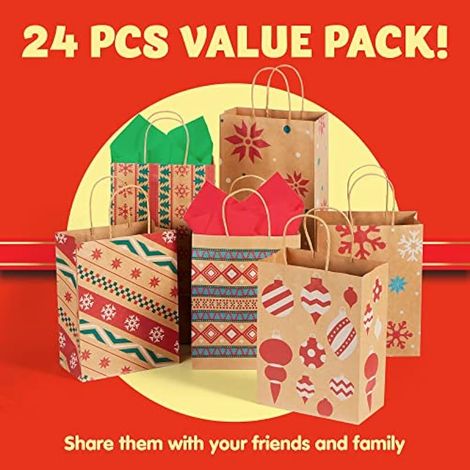 24 sacs cadeaux de Noël en papier kraft (26 x 10,7 x 16 cm) pour cadeaux en papier, décorations de Noël, fournitures scolaires et cadeaux de fête.