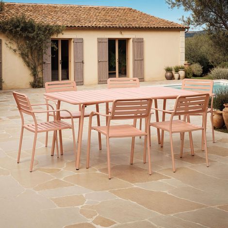 Table de jardin + 6 fauteuils empilables en métal terracotta - BACA