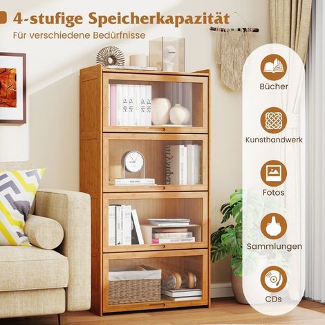 Libreria de 4 niveles con puertas acrilicas vitrina de bambu 69 x 34 x 140 cm natural (1/5)