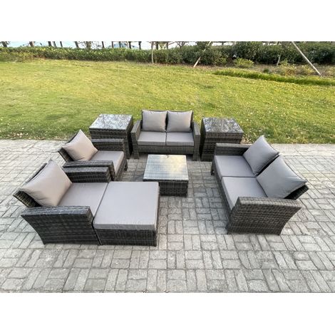 Fimous Rattan Garden Furniture Set Patio Outdoor Lounge Sofa Set with Square Coffee Table Double Seat Sofa 2 Side Tables Big Footstool Dark Grey Mixed (1/5)