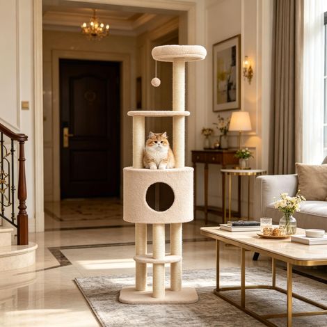 Arbre à chat en bois, centre d’activités multi-niveaux pour chat (uniquement l’arbre à chat) (1/4)