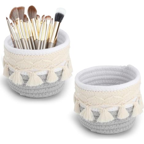 HENGBIRD 2er-Set Boho-Baumwollkörbe 10 x 10 cm Make-up-Organizer und Aufbewahrungspinsel für Schminktisch, Badezimmer, Büro, Stiftehalter und Make-up-Zubehör mit 15 goldenen Pinseln (1/5)