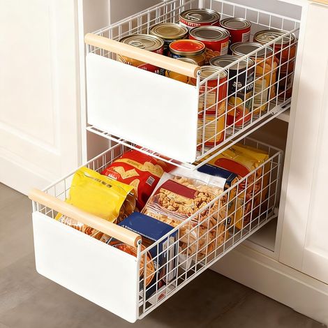 Youyijia Teleskopschubladen für Küchenschränke, Ausziehbarer Schrankorganizer (38x23x18.5cm) Montage mit Klebepad oder Schrauben, Leise Schienen Küche Organizer Schrank für Töpfe Pfannen (Weiß, 2er) (1/5)