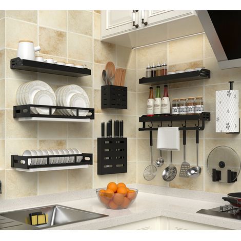 Etagère de cuisine en aluminium/inox sans perçage - 50 cm - barre de suspension avec 7 crochets - noire (couverts non inclus) (1/5)