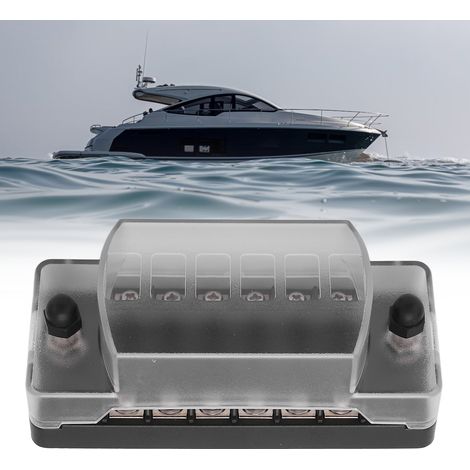 Boîte à fusibles à lames à 6 voies avec bus négatif, couvercle de protection étanche et étiquette autocollante, adaptée aux voitures, camions, bateaux et camping-cars 12V/24V. (1/5)