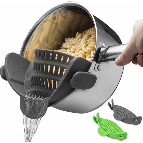 Confezione da 2 scolapasta in silicone con clip per pentole e padelle - Design pieghevole - Colino resistente al calore per verdure e pasta - Verde/Grigio (1/4)