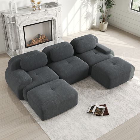 CHICFURN Divano modulare 3 posti 298x178x70 cm in velluto a coste grigio con 3 pouf (1/5)