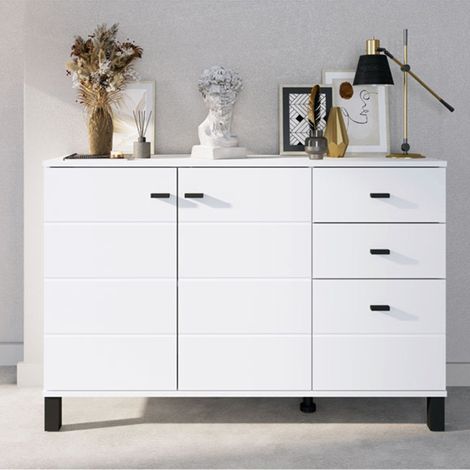 Credenza Guatav, Aparador 3 Cajones, 2 Estantes, Puerta Abatible, Deslizante, 116x35x78h cm Blanco Mate (1/5)