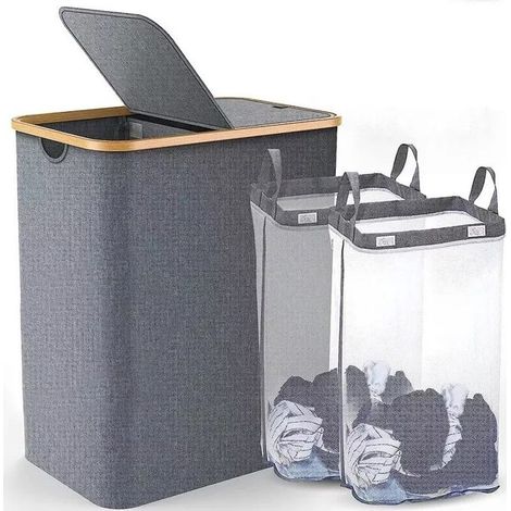 2 paniers à linge 150 L, chariot mobile avec sac intérieur amovible, compartiments séparés, gris, pour salle de bain ou buanderie (1/5)