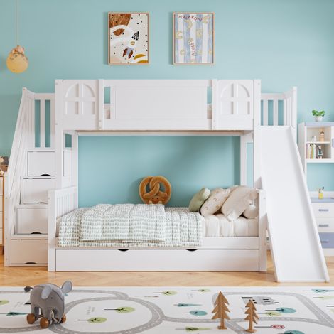 Letto a castello, letto per bambini con finestra, con scivolo per bambini, cassetti con rotelle, scale con corrimano, con 4 armadietti nelle scale, design versatile, ampio spazio contenitore, pino+MDF (1/5)