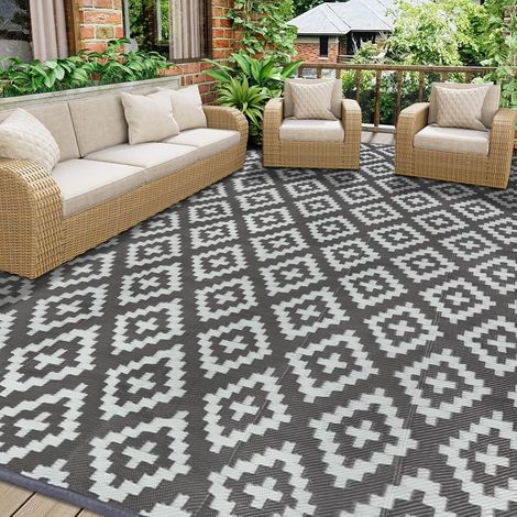 Tapis d'extérieur Réversible 270x365cm Tapis Paille de Plastique Recyclé Résistant Tapis Extérieur aux UV pour Terrasse Plage Barbecue Pique Nique Terrasse Balcon,Gris (1/5)