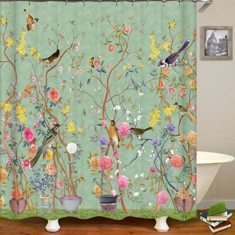 Rideau De Douche Chinois 3D 180x180cm Imperméable Avec 12 Crochets, Fleurs Et Oiseaux Rétro, Lavable En Machine