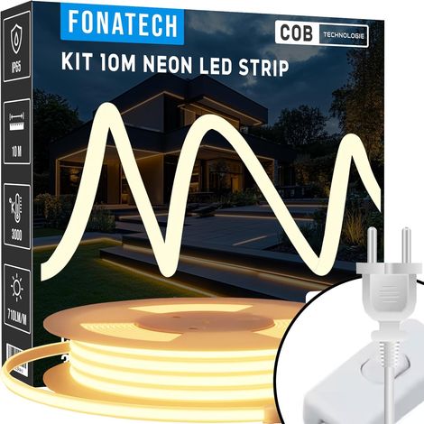 Kit Ruban Néon Led 10 m 220V COB en silicone étanche IP65 Blanc Chaud 3000°K 60led/m Waterproof bandeau type Guirlande pour chantier 10 metres (1/5)