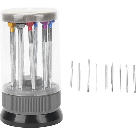 Kit de 9 tournevis (plats et cruciformes) avec base rotative pour la réparation de montres
