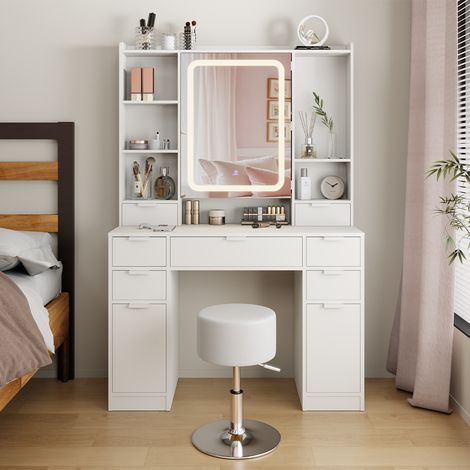 Tavolo da toeletta Solea, Bianco, 105 cm con specchio LED e sgabello, Vicco