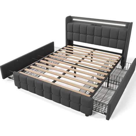 Letto contenitore imbottito 140x200 cm grigio con USB, LED e 4 cassetti (1/5)