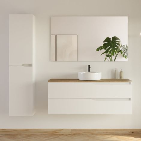 Meuble de salle de bain 120cm avec plateau et vasque ronde Ares - 2 tiroirs et colonne de rangement - blanc mat/medera miel - LUNA