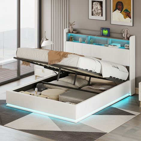 Lit Coffre 140x200 cm, avec Éclairage LED et Port USB, Lit Double Capitonné avec Rangement et Tete de lit, pour Adultes et Adolescents,Velours, Blanc (1/5)