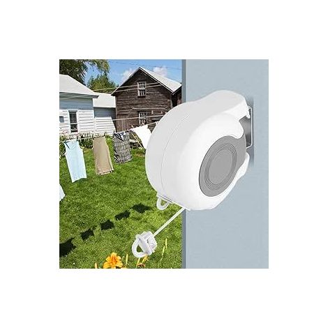 Fil à Linge Double Rétractable Extensible pour Extérieur, Corde à Linge Rétractable à Fixation Murale, Longueur Réglable de Fil Total Blanc 20.3x16.3x10cm