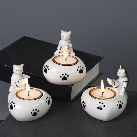 Support Pour Bougie Teelight - Support En Céramique Chat - Décor De Table Intérieur - Lot De 1 (1/5)