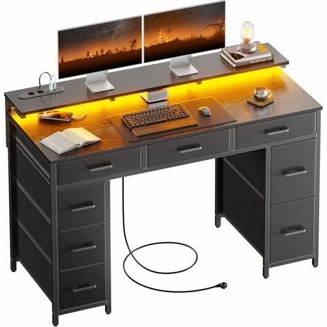EcoFurnix, Desk with 8 Fabric Drawers, 120 × 50 cm LED Gaming Desk with Outlets & USB Ports, Gamer Desk, Black