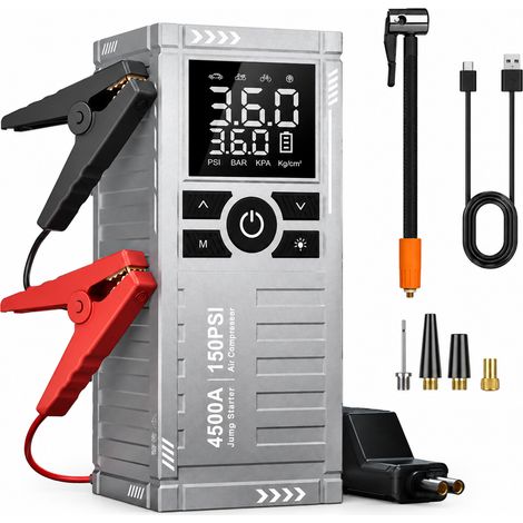 Démarreur d'Urgence Voiture Argenté Compresseur d'Air Portable Sans Fil Pompe Électrique (1/5)