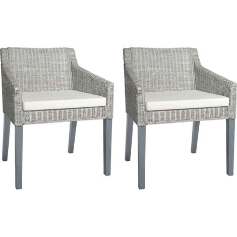 Esszimmerstühle mit Kissen 2 Stk. Grau Natur Rattan