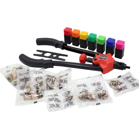 Wiltec – Pince à riveter aveugle en acier 360 mm – 6 mandrins interchangeables pour rivets en fer et aluminium – Malette de transport incluse