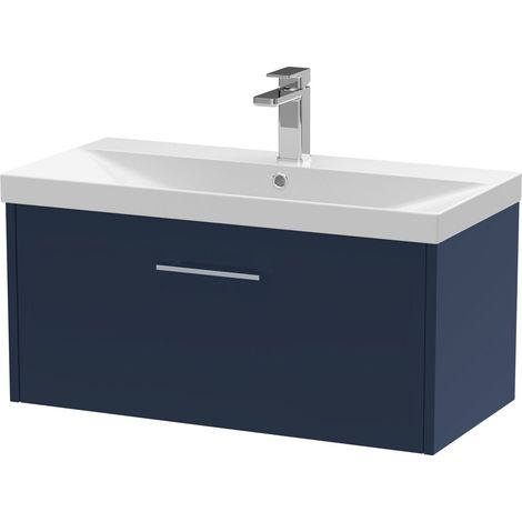 Winshill Contemporary 1 Drawer Wall Hung Vanity Unit with Thin Edge Basin, Dark Blue, 800mm