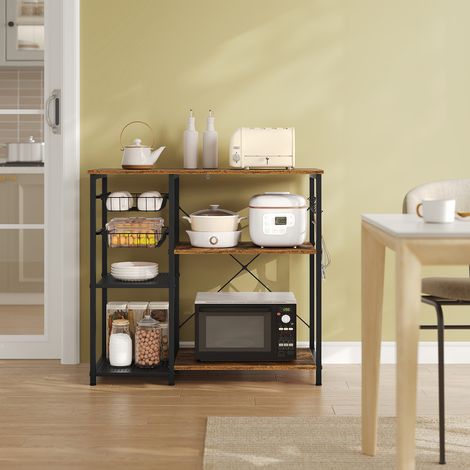 WOLTU Küchenregal Bäckerregal Standregal mit 2 Drahtkörbe 2 Drahtböden Aufbewahrungsregal mit 5 Haken, für Küche Kaffeebar Wohnzimmer, 90 x 82 x 40 cm, Rustikales Braun + Schwarz