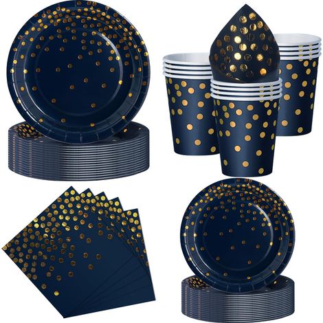 50 Pcs Bleumarine Or Assiette Jetable Anniversaire 10 invités (1/5)
