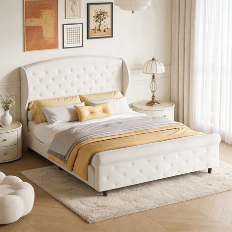 Französisches Vintage-Polsterbett 140x200 cm, Samtbett für Erwachsene mit Ohrenkopfteil und Schlittenbett-Design - Beige