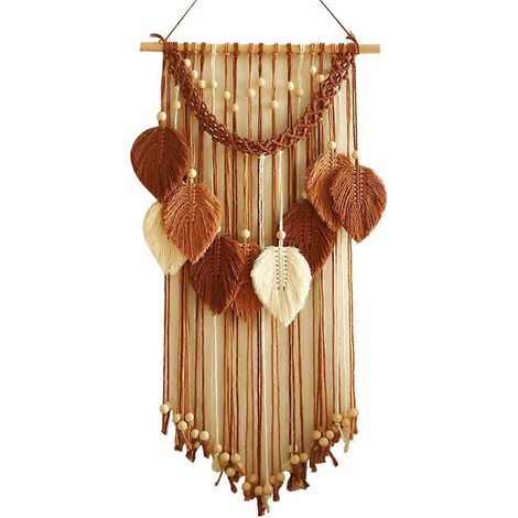 Wandteppich mit mehrfarbigen Blättern im Boho-Stil, handgewebt, Makramee + Holzperlen A--