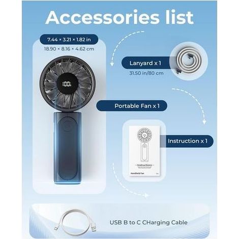 Ventilateur portable, rechargeable 4000 mAh, mini ventilateur de bureau pliable à 180° avec 6 vitesses de vent, écran numérique LCD, cordon de cou, ultra silencieux, format de poche pour (1/5)