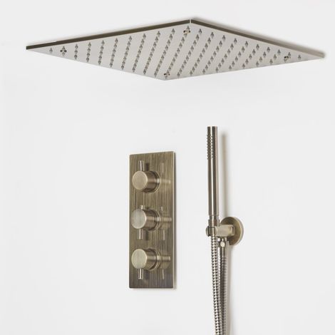Milano Clarus 2 Outlet Triple Thermostatic Mixer Shower Valve with Ceiling Mounted 400mm Square Recessed Rainfall Shower Head and Hand Shower Handset Kit - Brushed Brass (1/5)