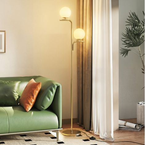 Lampadaire LED à double tête, 2 ampoules E27 incluses, 3 températures de couleur 3000/4000/6000 K, abat-jour en verre blanc, variateur et interrupteur au pied, doré – CHICFURN (1/5)