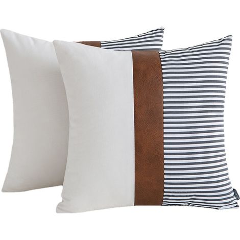 Fundas de cojín estilo casa de campo, cuadradas, de 45x45 cm, decorativas, de algodón imitación piel color beige, 2 fundas texturizadas, aptas para sofás cama. (1/2)