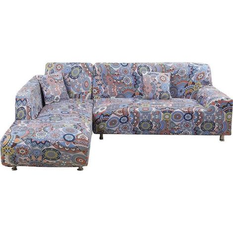 2 housses canapé d'angle en L, extensibles polyester gris/noir, 3+2 places avec 2 couvre-oreillers inclus