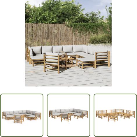 Bambusmöbel - 12-tlg. Garten-Lounge-Set mit Hellgrauen Kissen Bambus (1/5)