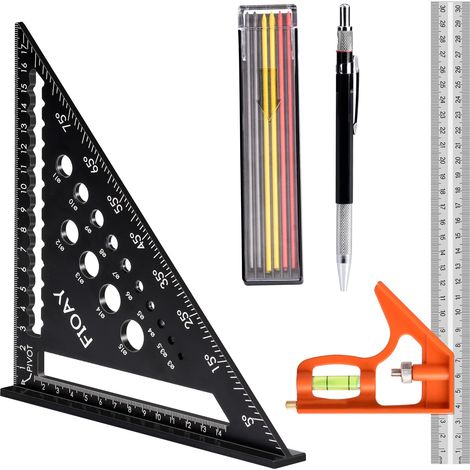 Equerre Menuisier 180MM, Règle d'Angle de Combinaison 300MM, Equerre Charpentier avec Niveau à Bulle et Crayon Chantier pour Tracé, Mesure, Marquage (1/5)
