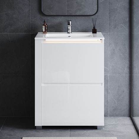 ELEGANT Vanity Basin Units Undermount Basin Bathroom Cabinet with Induction LED 2 Drawers Furniture, White 600×450×800mm(No Basin)