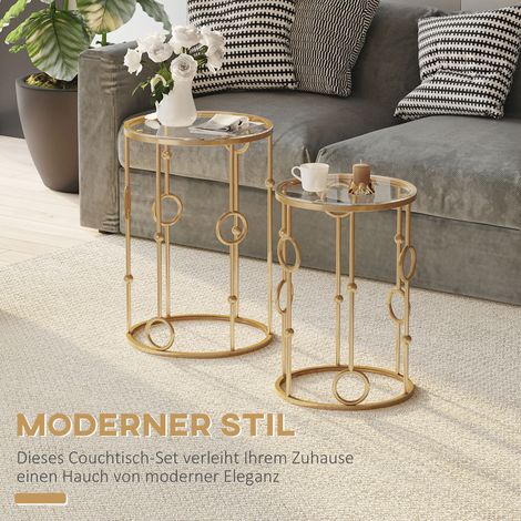 Lot de 2 tables basses avec plateau en verre, table d'appoint design roue et boule Ø41 x 57 cm, doré (1/5)