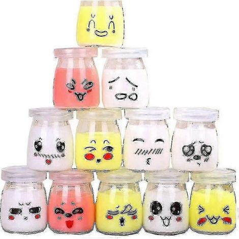 Lot de 12 pots à yaourt en verre avec couvercles décorés de différents émoticônes (100 ml). (1/5)