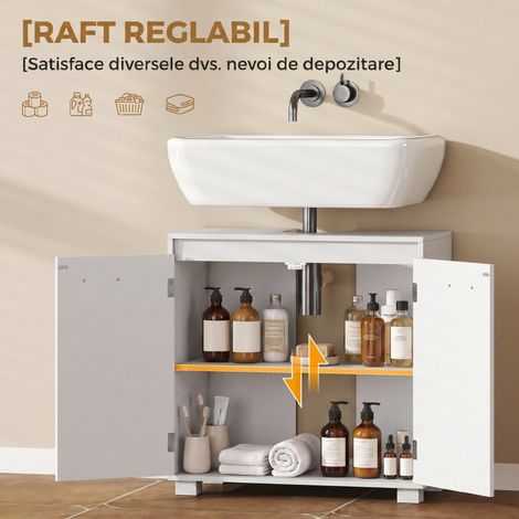 Meuble sous vasque moderne, blanc, avec échancrure en U, étagère réglable, meuble de salle de bain autoportant, rangement pratique pour lavabo. (1/5)