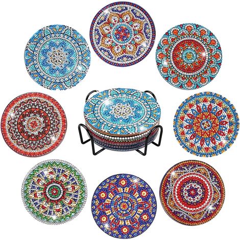 Lot de 8 dessous de verre en céramique 5D DIY - Dessous de verre - Décoration boho - En bois avec support - Convient pour verres à vin-C (1/5)