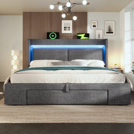 Bett 160x200 mit Stauraum LED USB Grau HAVRYA (1/5)