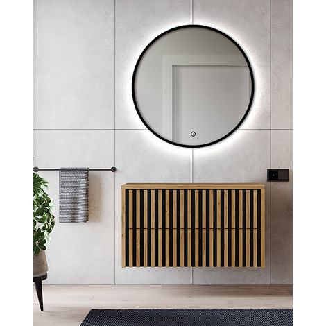 Badmöbel Set in Eiche Nb. mit Lamellenfronten LUCCA-107 LED-Spiegel, 100 cm Waschbeckenunterschrank, B/H/T: ca. 101/200/45,5 cm (1/5)