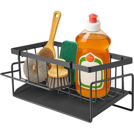 Sink Caddy 23x9.5x10CM Kitchen Storage Accessories Sink Organiser with Sponge Holder with Dishcloth Hanger Self-Draining Tray for Kitchen Countertop Bathroom Black (1/5)